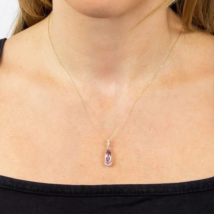 Gecko 9ct Pink Amethyst Teardrop Pendant With Diamonds