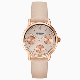 Ladies rose gold case and PU strap watch