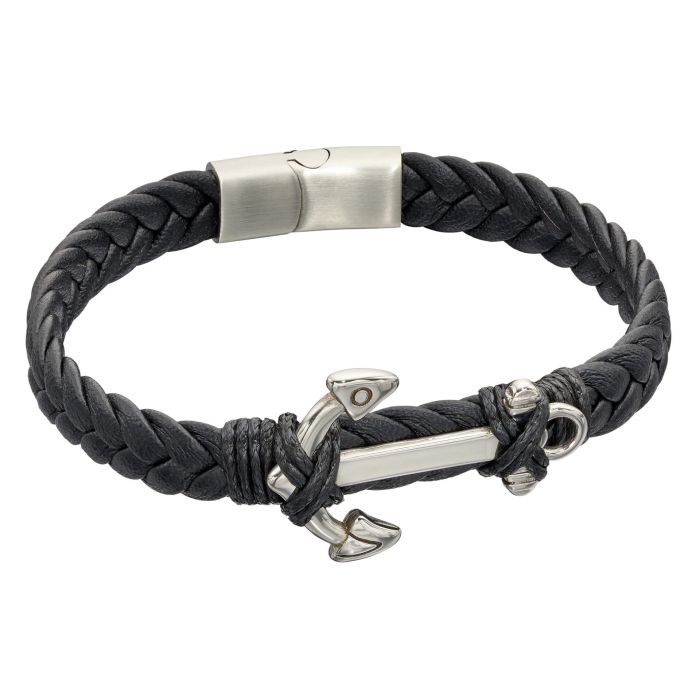 Black Leather Plaited Bracelet with Anchor