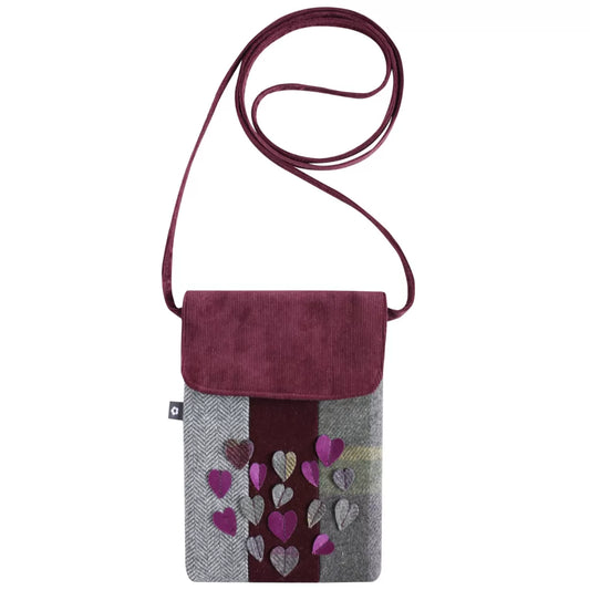 Heart tweed applique sling bag