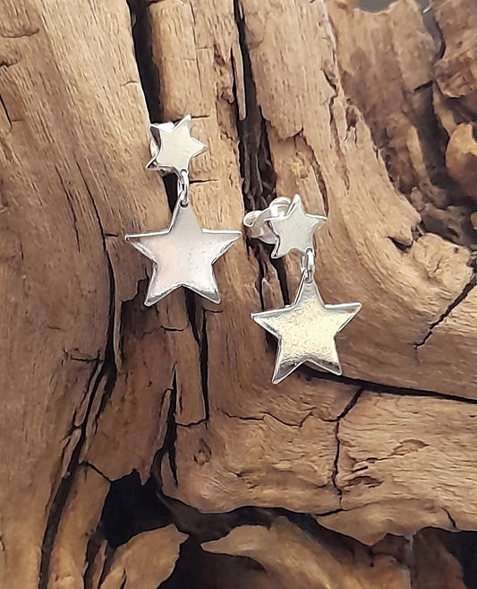 Silver double star drop stud earring