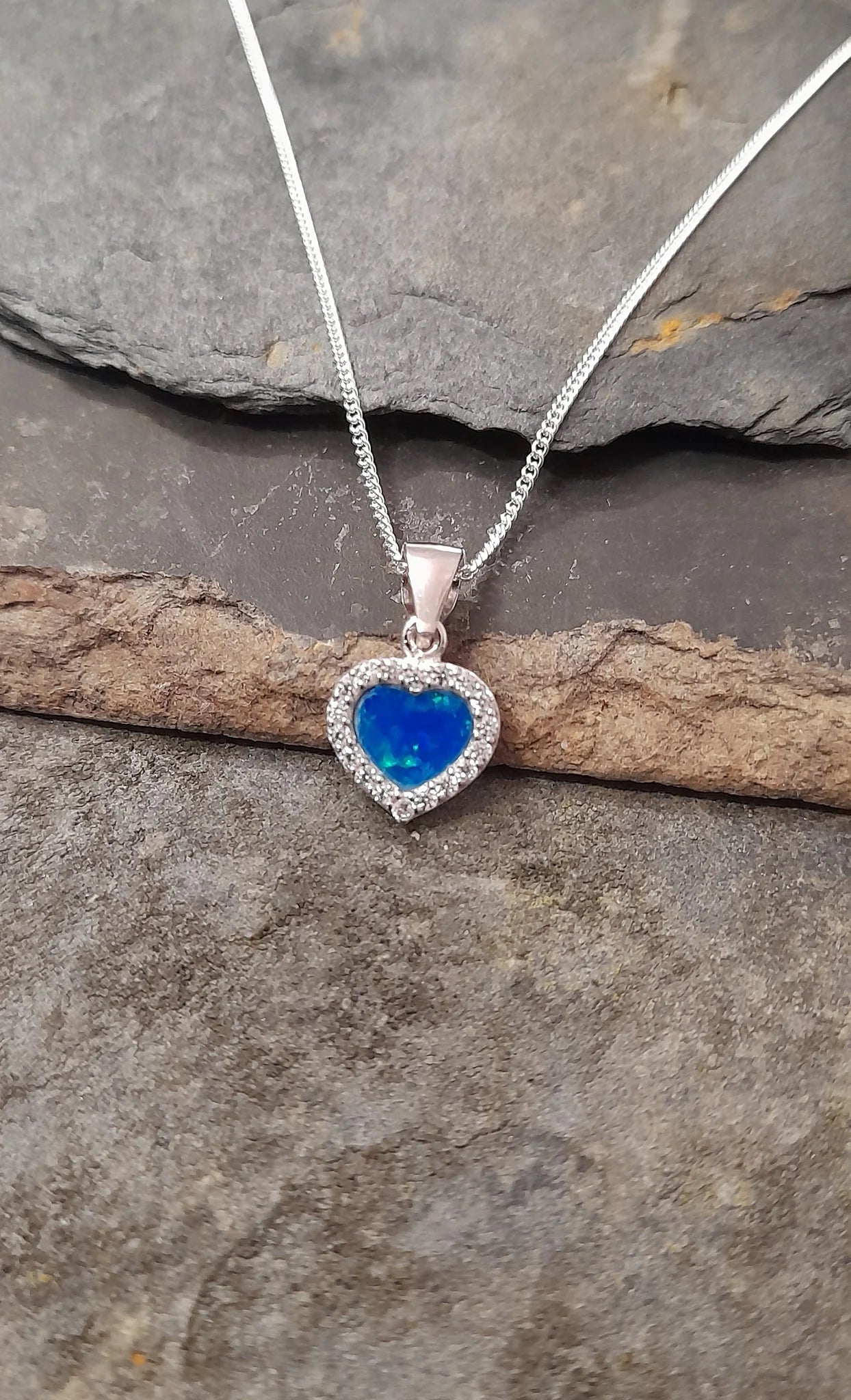 Silver syn opal & cz heart necklace
