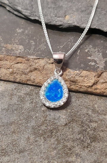 Silver synthetic blue opal pendant