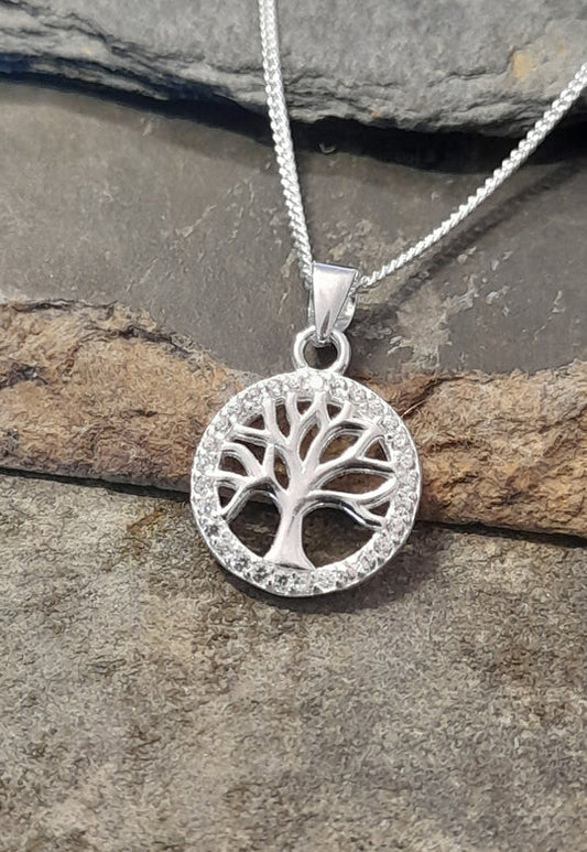 Blue Lily - Silver 12mm tree of life CZ pendant