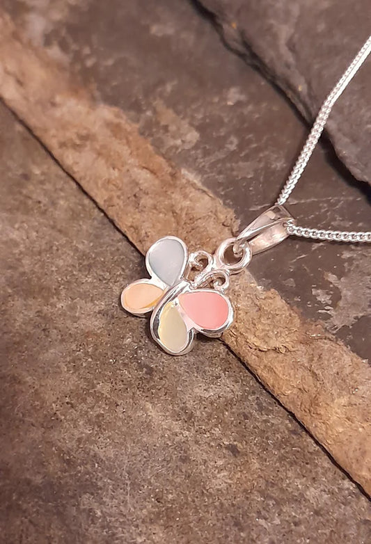 Silver multi colour mother of pearl butterfly pendant