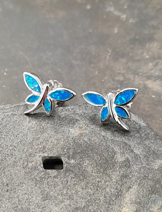 Silver synthetic blue opal dragonfly earring