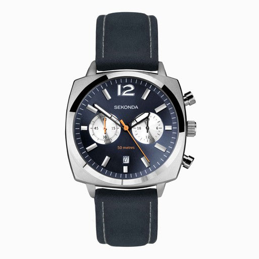Sekonda Airborne Men's Chronograph Silver Case & Blue Leather Strap with Blue Dial Watch