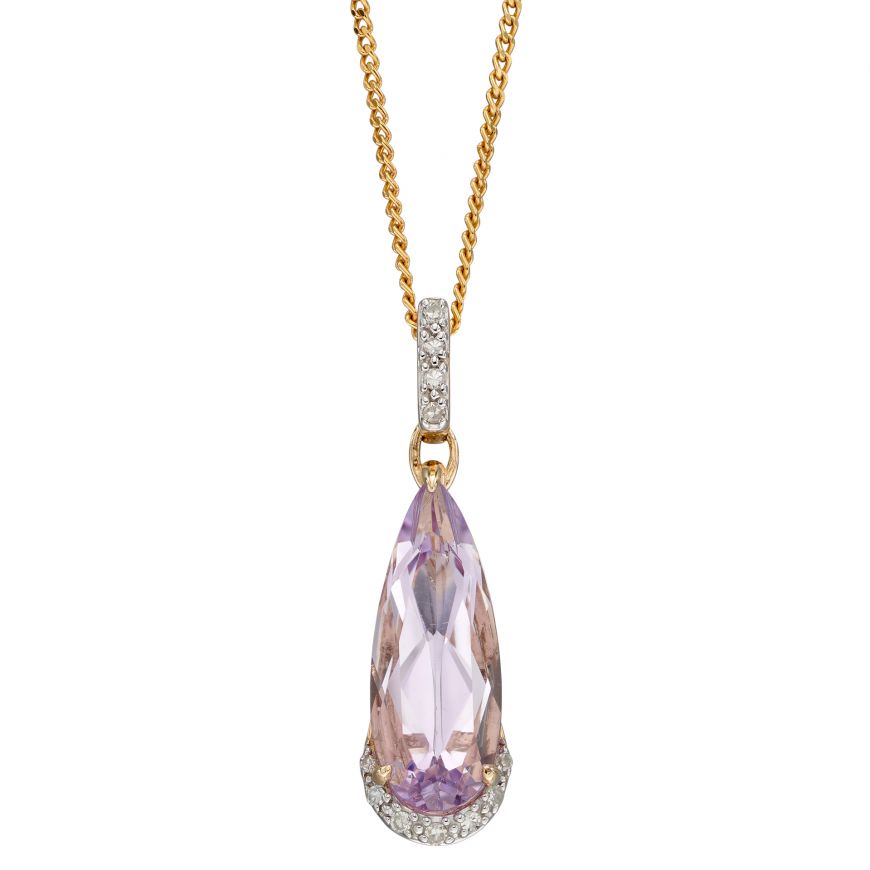 Gecko 9ct Pink Amethyst Teardrop Pendant With Diamonds